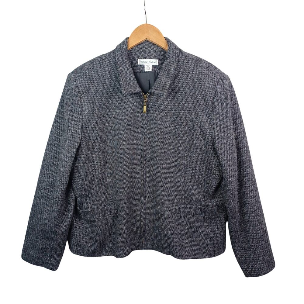 Vintage Stephanie Andrew's Women's Wool Jacket Size 16 Gray Herringbone Full Zip